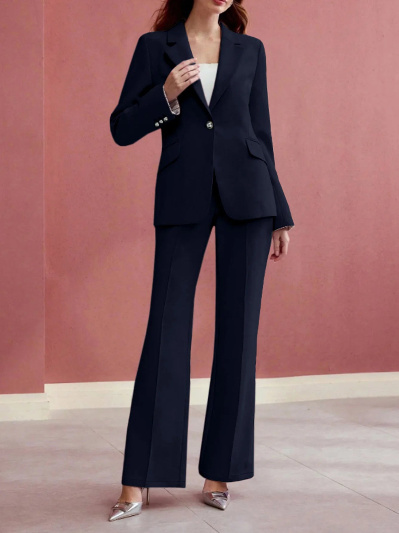 Women's Elegant Solid Color Commuter Daily Wear Peak Lapel Suit Jacket and High Waist Straight Trousers Suit Two-piece Suit