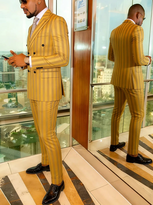 Men's Jacquard 2 Piece Suits Slim Fit Double Breasted Suit Jacket Pants Set Casual Wedding Casual Business