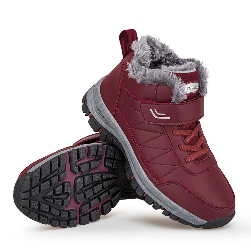 Winter Men Boots Leather Waterproof Outdoor Non-slip Hiking Shoes Unisex Men Women Warm Plush Ankle Boot Big Size 47 48