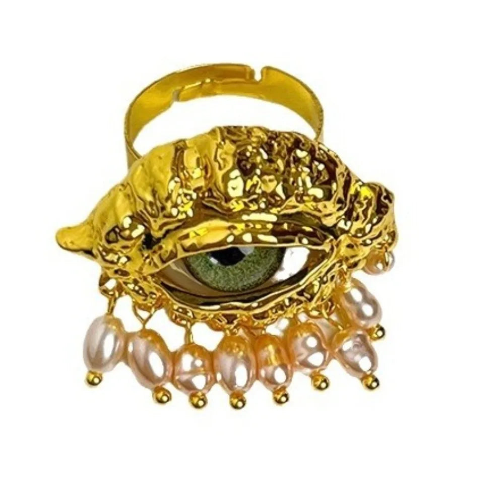 Jewelry Vintage Devil's Eye Ring Delicate Imitated Pearl Glaze Ring Tassels Exaggerated Opening Finger Ring Party Favors