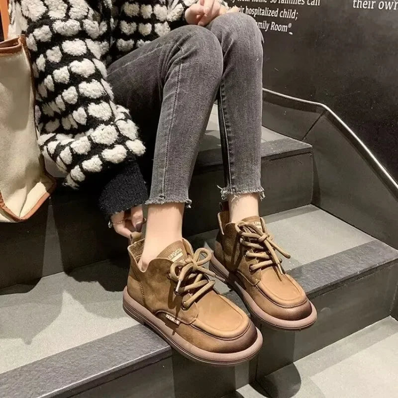 Flat Shoes Women's Genuine Leather Round Toe Stitched Lace Up Thick Sole Women's Low Heel Shoes Handmade Large Size