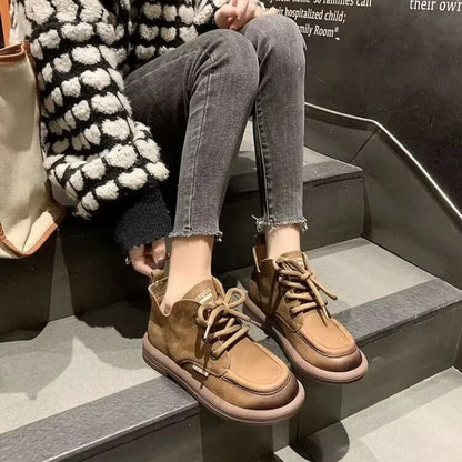 Flat Shoes Women's Genuine Leather Round Toe Stitched Lace Up Thick Sole Women's Low Heel Shoes Handmade Large Size