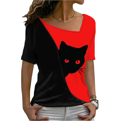 2023 summer women clothes blouse new style inclined collar black cat print short sleeve T-shirt women