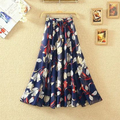 Elegant Chiffon Long Skirts For Women Autumn Casual Women's Floral Print Maxi Skirt Female High Waist Elastic A-Line Skirts
