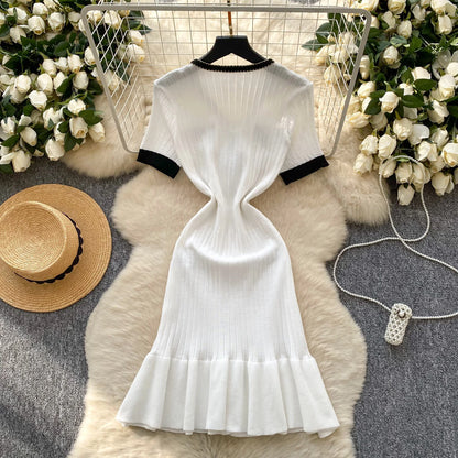 SINGREINY French Vintage Elegant Dress Women V Neck Buttons Elastic Waist Slim Fit Sundress Patchwork Mermaid Bodycon Dress