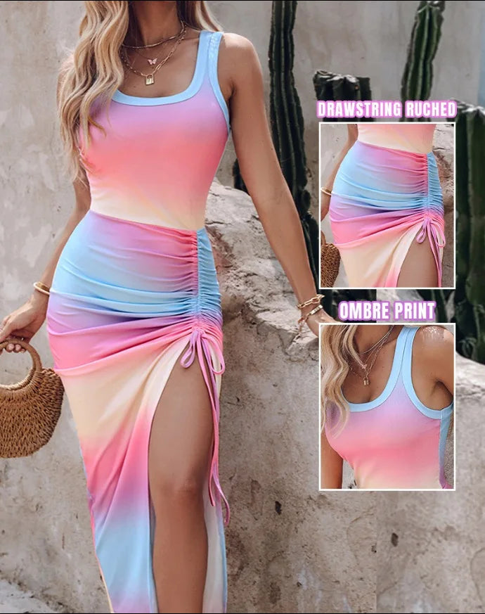 Fashion Summer Waist Closing Sexy Split Mid Length Tank Top Vestidos Elegant Ladies Gradient Stripe Sleeveless Round Neck Dress