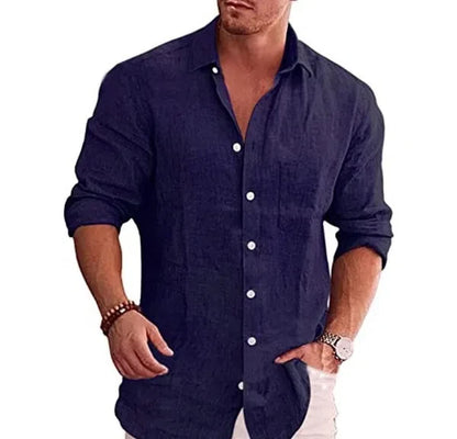 2025 new men's linen shirt loose plus size business casual long sleeved shirt breathable lapel quick drying plus size shirt