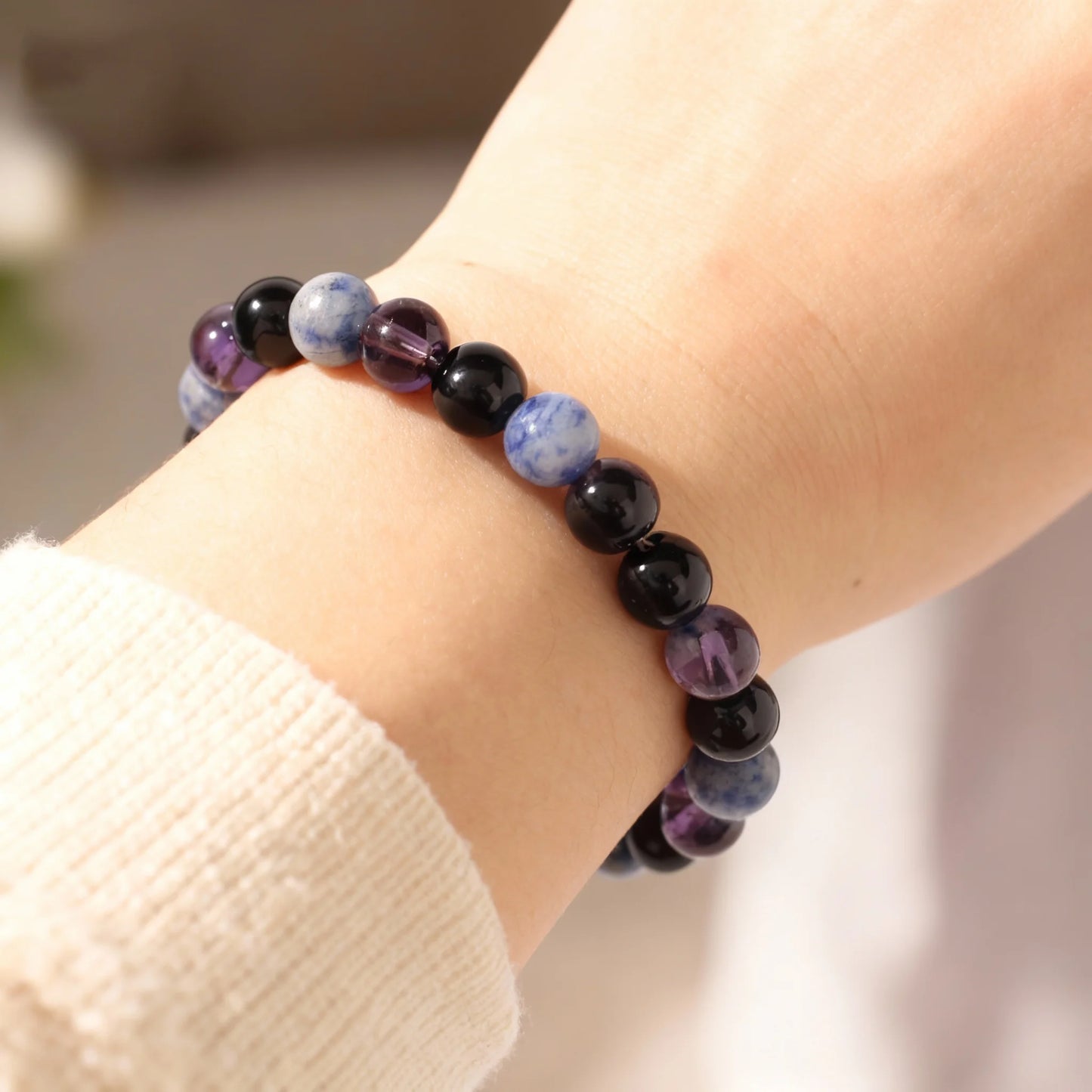 Gorgeous Winter Accessories Black Purple Blue Patterned Stone Amethyst Bracelets for Girlfriend Travel Bracelet Beads