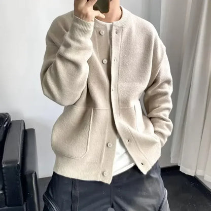 Knitted Cardigan Men Single Breasted Sweaters Long Sleeve O Neck Jumpers Solid Button Loose Fit Casual 2025 Winter Outerwear