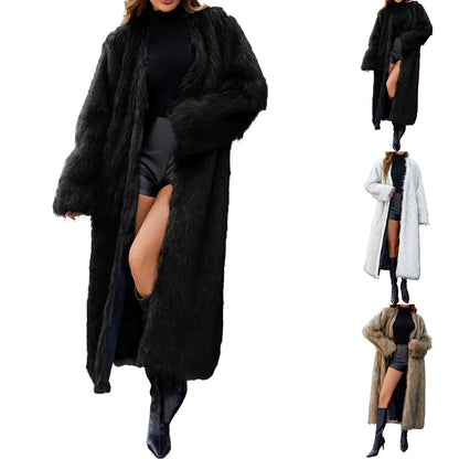 Winter Faux Fur Long Coat For Women Warm Plush Jackets Casual Open Front Long Sleeve Outerwear Elegant High End Ladies Windbreak