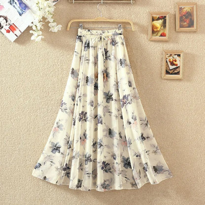 Elegant Chiffon Long Skirts For Women Autumn Casual Women's Floral Print Maxi Skirt Female High Waist Elastic A-Line Skirts