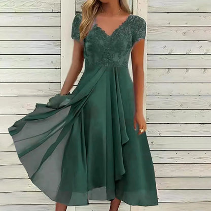 Women's Chiffon Long Dresses A Line V Neck Lace Panel Hollow Prom Dresses Ladies Bridesmaid Evening Dresses Short Sleeve Dress
