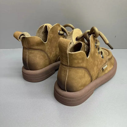 Flat Shoes Women's Genuine Leather Round Toe Stitched Lace Up Thick Sole Women's Low Heel Shoes Handmade Large Size
