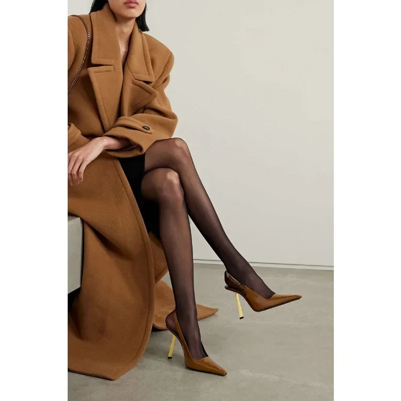 Elegant Fashionable Black Pointed Toe Thin Heel Single Shoes Patent Leather Buckle High Heels Stylish Luxurious