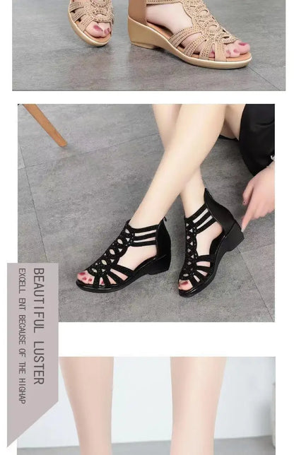 Real Soft Leather Roman Sandals Women's Chunky Heel Mom Shoes Fashion Outerwear Women's Sandals Wedge Women's Shoes 2023
