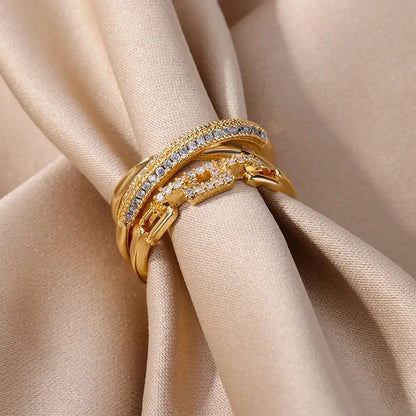 Zircon Twist Chain Open Rings For Women Stainless Steel Geometric Twist Wrapped Adjustable Ring Wedding Aesthetic Jewelry Gift