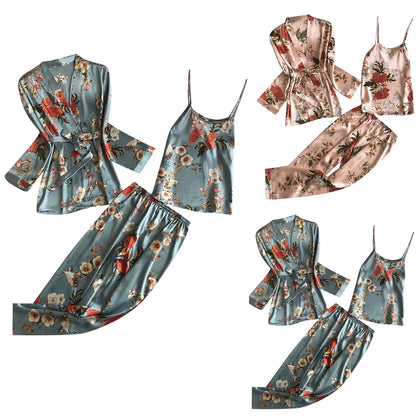Women's Printed Pajamas Set Homewear Nightdress Trousers Belt Robe Three Piece Suits Sexy Sleepwear Loungewear Pj Sets Pyjama 
