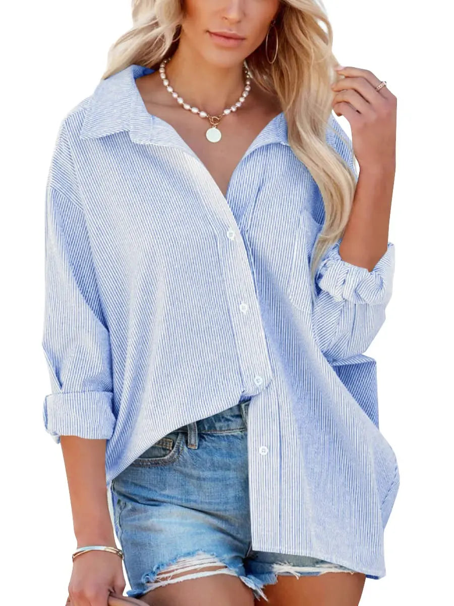 Women's Button Down Shirts 2025 Business Casual Striped Long Sleeve Blouse Spring Collared Office Work Tops