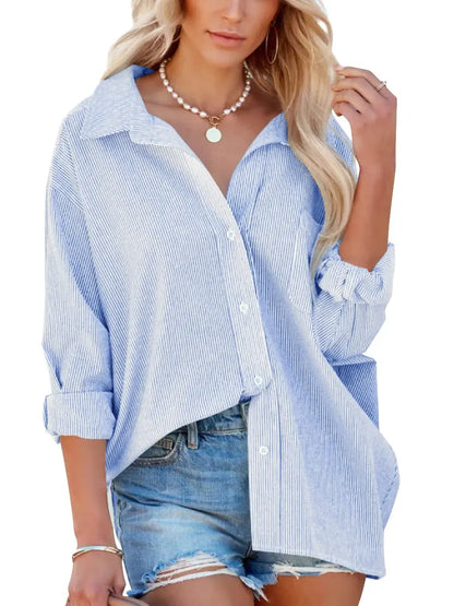 Women's Button Down Shirts 2025 Business Casual Striped Long Sleeve Blouse Spring Collared Office Work Tops