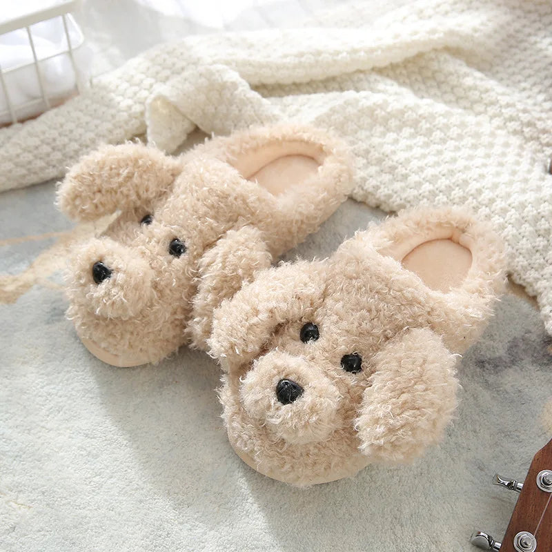 Gacimy Winter Warm Cotton Slippers For Women Comfortable Cute Dog Furry Shoes Couple Indoor Soft Platform Bedroom Plush Slippers