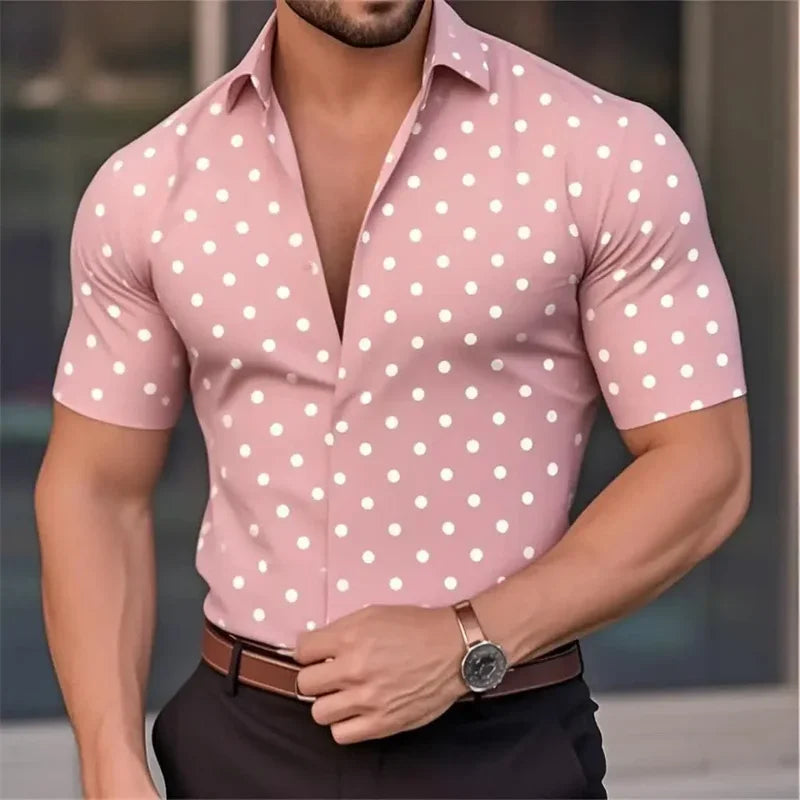 New Men's Short Sleeve Button Shirt Polka Dot Lapel Fashion Design Casual Lightweight Breathable Comfortable Outdoor Men Clothes