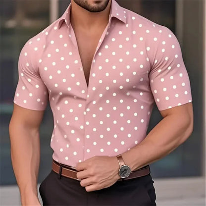 New Men's Short Sleeve Button Shirt Polka Dot Lapel Fashion Design Casual Lightweight Breathable Comfortable Outdoor Men Clothes