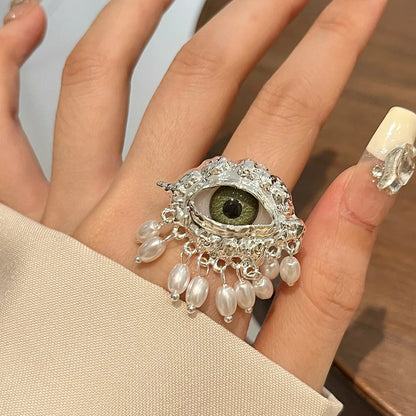Jewelry Vintage Devil's Eye Ring Delicate Imitated Pearl Glaze Ring Tassels Exaggerated Opening Finger Ring Party Favors