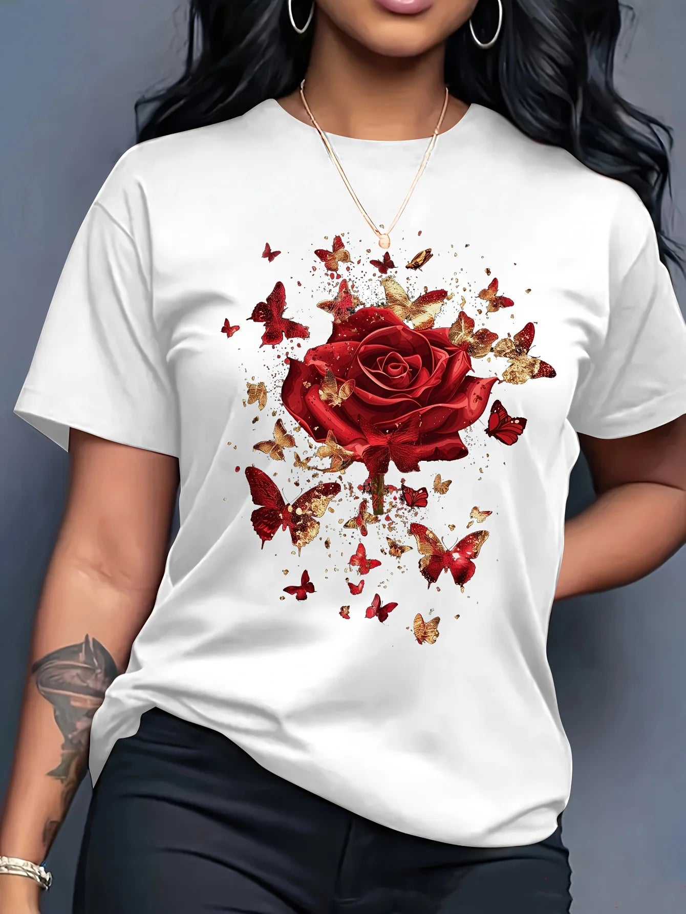 Women's Casual Short-sleeved Round Neck T-shirt - Bright Butterfly and Rose Pattern Print, Spring and Summer Women's T-shirt