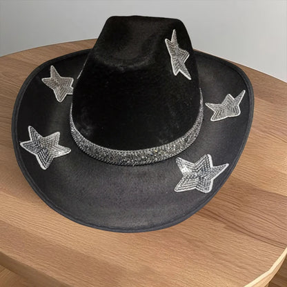 Women Glitter Cowboy Hat with Sequin Stars and Wide Brim Stylish Western Beach Hat for Wedding Carnival Rave Party and