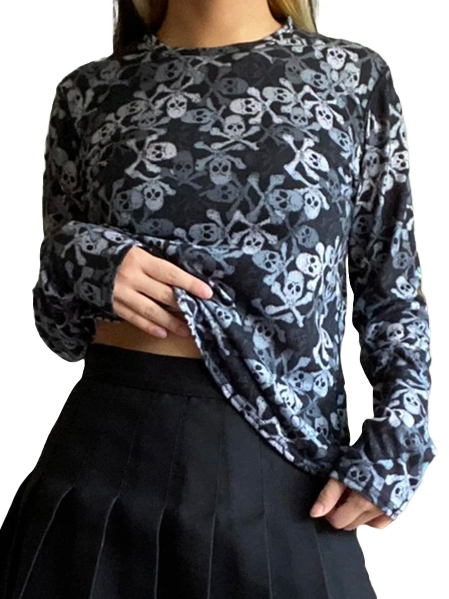 Women s Vintage Gothic Skull Print Long Sleeve Round Neck  Fit T-Shirts Streetwear Blouses with a Dark Twist