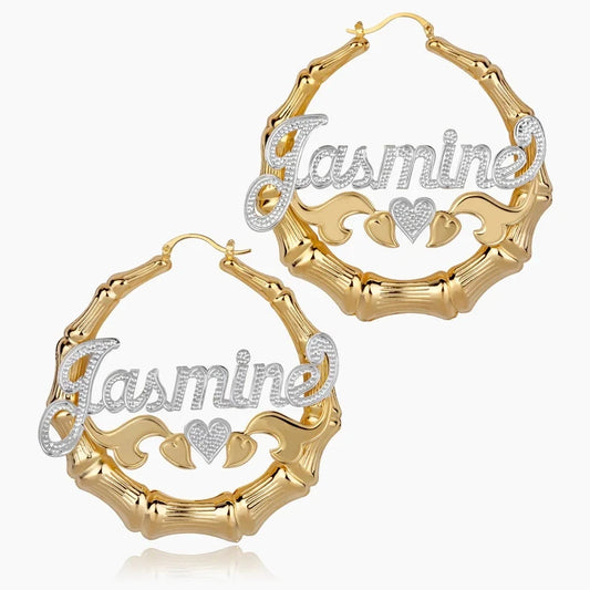 18K Gold Plated Earrings With Heart Two Tone Bamboo Earring Customized Name Hoop Earrings For Women Hip Hop Personalised Jewelry