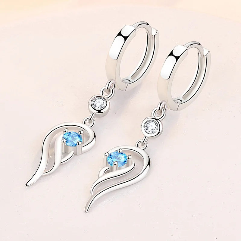 925 Sterling Silver Earrings Blue Crystal Zircon Angel Wing Earrings For Women Fashion Jewelry Gifts