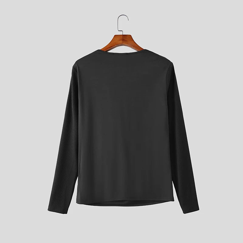 INCERUN Men T Shirt Satin Patchwork Long Sleeve Casual Male Tee Tops Streetwear 2026 Pleated Fashion Party Leisure Men Clothing