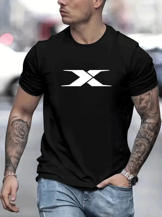 Summer men's 100% cotton casual loose fit large X letter print round neck short sleeved T-shirt top High Street Unisex style