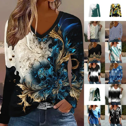 Summer new fashion 2025 women's casual long-sleeved printed T-shirt