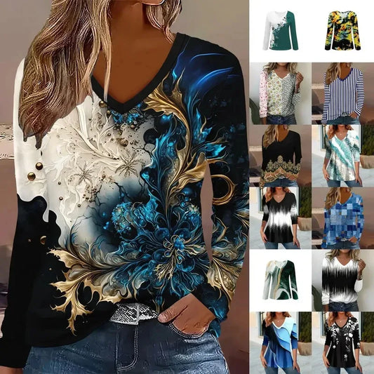 Summer new fashion 2025 women's casual long-sleeved printed T-shirt