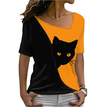 2023 summer women clothes blouse new style inclined collar black cat print short sleeve T-shirt women