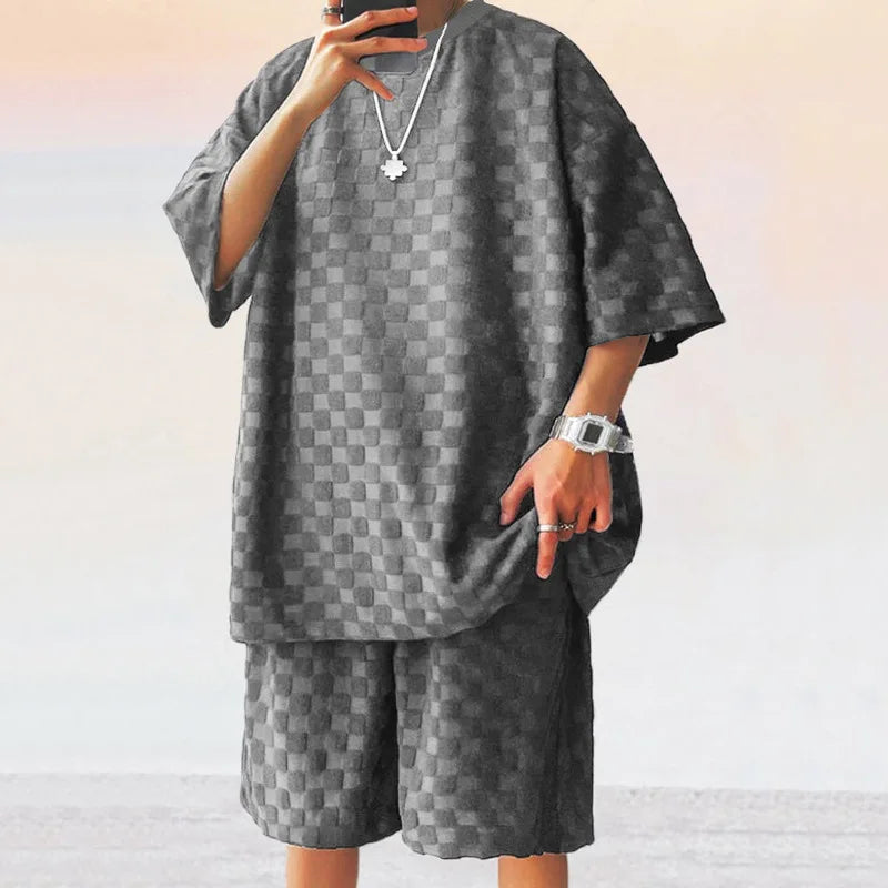 Men's Summer Checkered Loose Two-piece Sports Leisure Suit Short Sleeve T-shirt Shorts Casual Suit Plus Size Fashion Men's Suit
