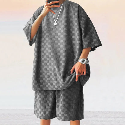 Men's Summer Checkered Loose Two-piece Sports Leisure Suit Short Sleeve T-shirt Shorts Casual Suit Plus Size Fashion Men's Suit