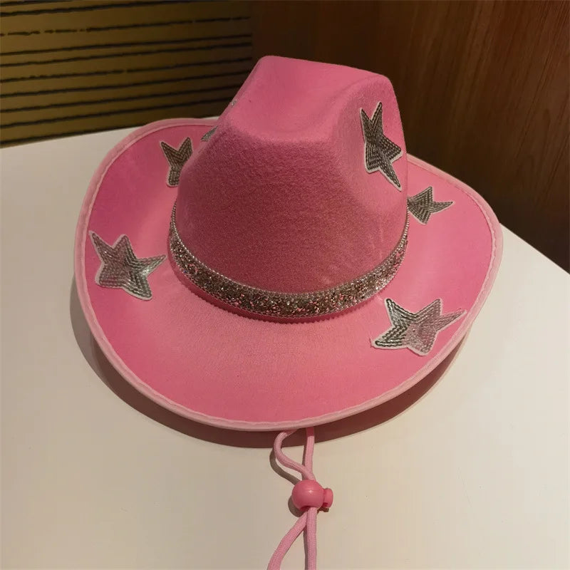 Women Glitter Cowboy Hat with Sequin Stars and Wide Brim Stylish Western Beach Hat for Wedding Carnival Rave Party and