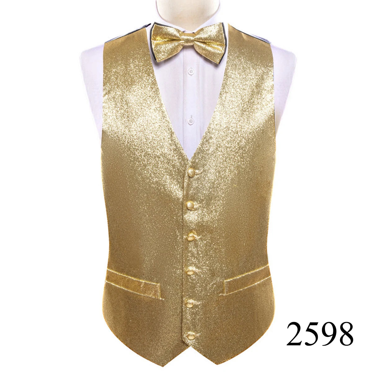 Mens Vest Gold Silver Black Red Pink Blue Green Yellow Solid Solid V-Neck Waistcoat Bowtie Set Barry Wang