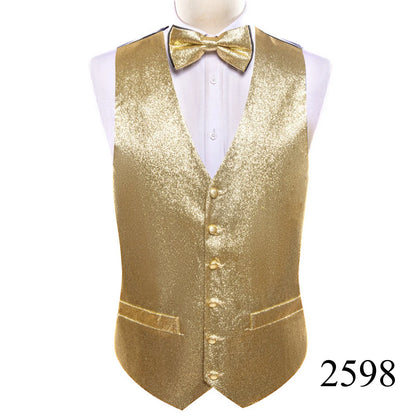 Mens Vest Gold Silver Black Red Pink Blue Green Yellow Solid Solid V-Neck Waistcoat Bowtie Set Barry Wang