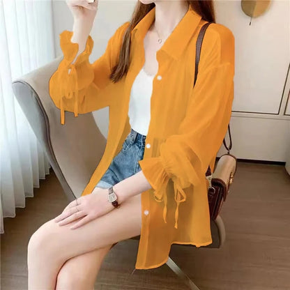 Chiffon Women Thin Shirts Summer Perspective Solid Korean Sun Shirt Long Sleeve Fashion Korean Ladies Top New Sunscreen Clothing