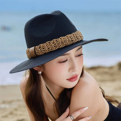 Women Wide Brim Sun Hat with Bowknot Ribbon Summer Beach Straw Hat Foldable Floppy Fedora Hat for Vacation Travel Party Clothes