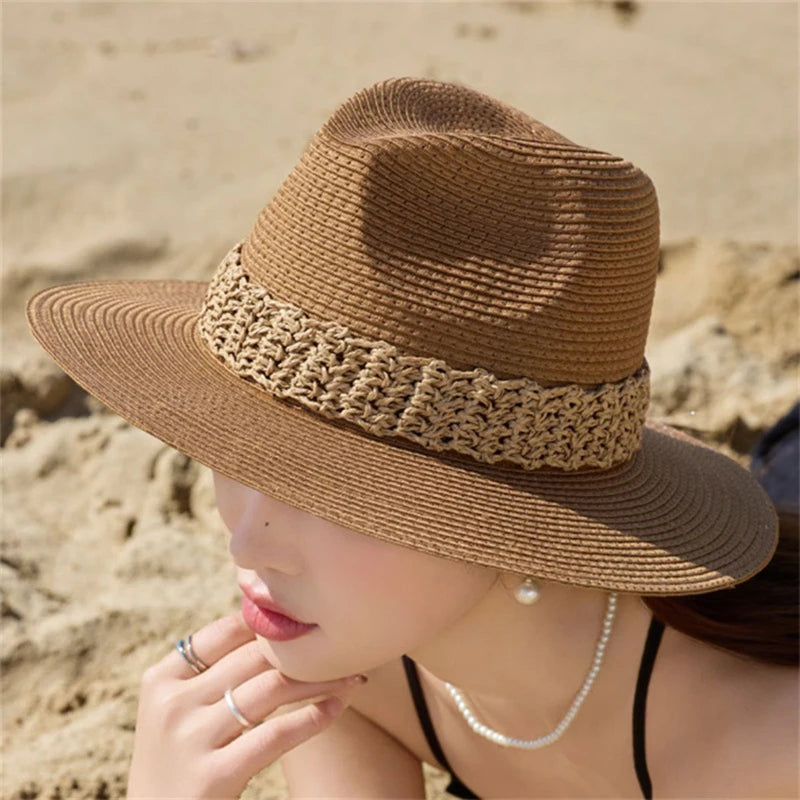 Women Wide Brim Sun Hat with Bowknot Ribbon Summer Beach Straw Hat Foldable Floppy Fedora Hat for Vacation Travel Party Clothes