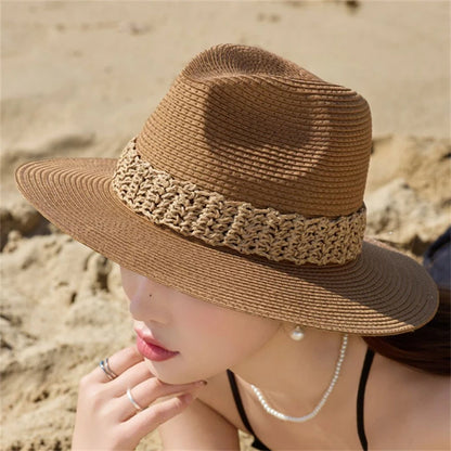 Women Wide Brim Sun Hat with Bowknot Ribbon Summer Beach Straw Hat Foldable Floppy Fedora Hat for Vacation Travel Party Clothes