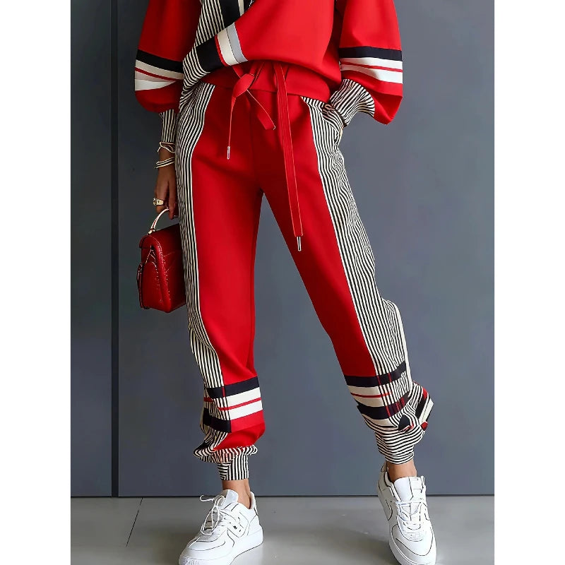 2026 Spring Plus Size Pant Sets American Stripe Round Ne Sweatirt Pants Set Women's Casual Spor Two-Piece Winter Loose Fit Faion