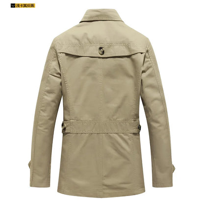 Men's Spring and Autumn New Fashion Casual Cotton Trench Coat, Solid Color Lapel Single-breasted Mid-long Splicing Trench Coat