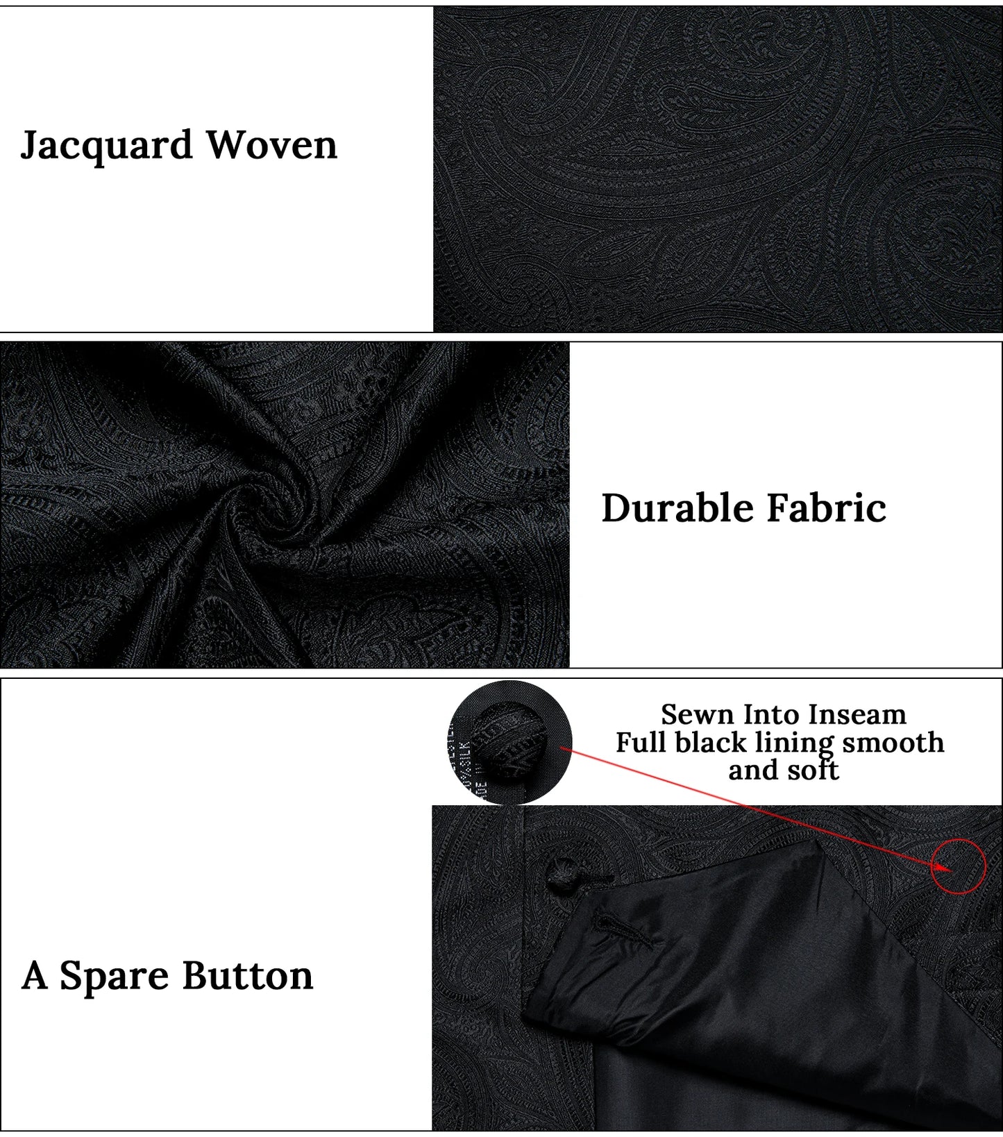 Men's Black Solid Paisley Suit Vest with Necktie Bow Tie Handkerchief Cufflinks Formal Waistcoat for Wedding Prom Tuxedo