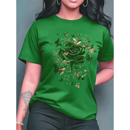 Women's Casual Short-sleeved Round Neck T-shirt - Bright Butterfly and Rose Pattern Print, Spring and Summer Women's T-shirt